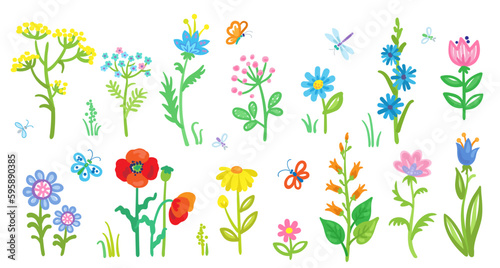 Collection beautiful colorful flowers and butterflies. In cartoon style. Isolated on white background. Vector flat illustration. Children's drawing. 