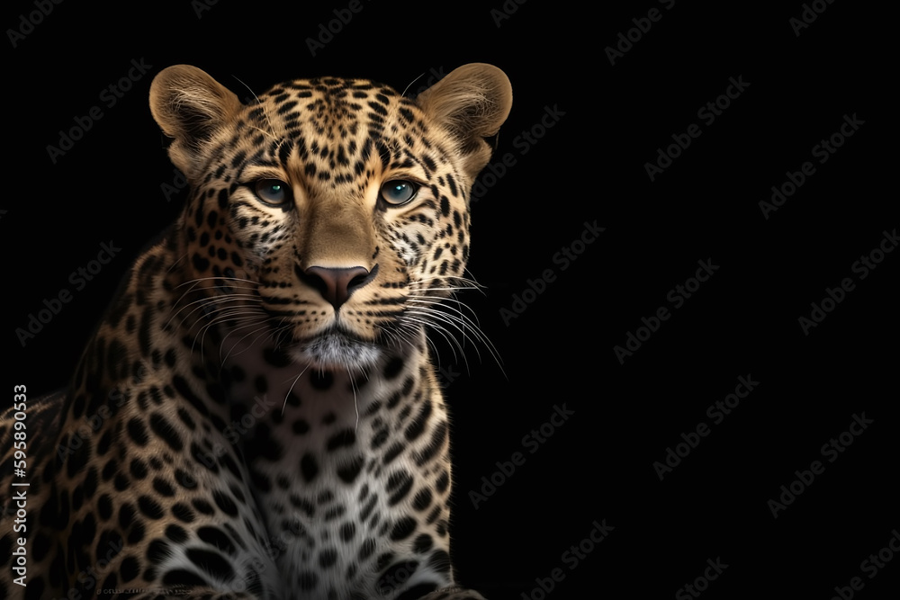 Ilustración de un leopardo en fondo negro con espacio para texto. IA generativa Ilustración de un leopardo en fondo negro con espacio para texto. IA generativa