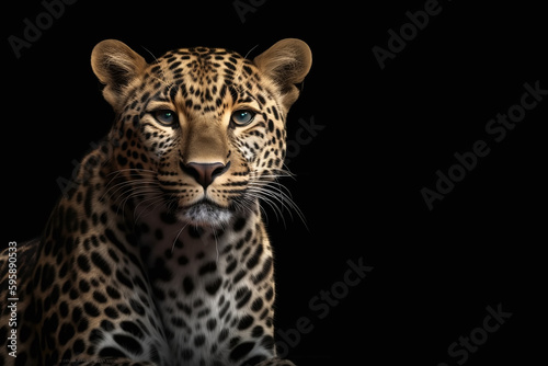 Ilustración de un leopardo en fondo negro con espacio para texto. IA generativa