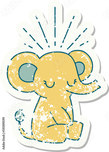 worn old sticker of a tattoo style cute elephant
