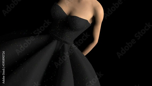 A young caucasian woman in a beautiful black puffy shining gown on the dark background 3D 4K animation with copy space photo