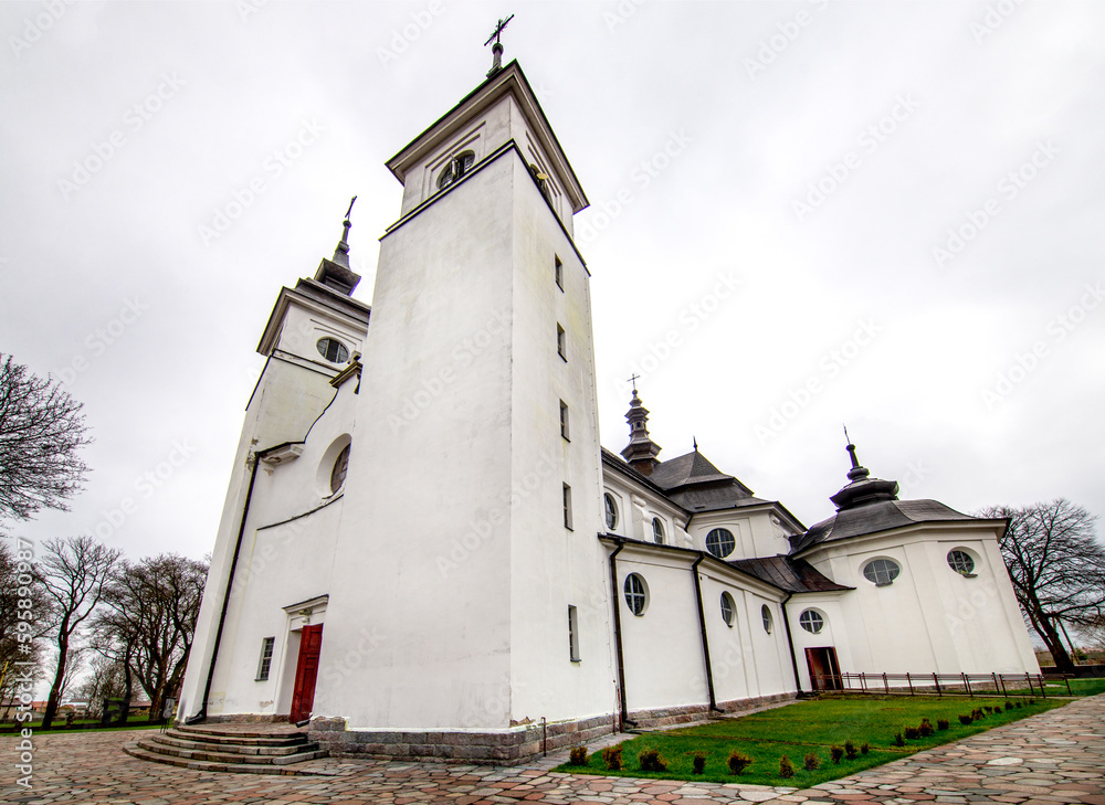 General view and architectural details of the baroque Roman Catholic church of St. Agnes built in 1924 in Goniadz, Podlasie, Poland.