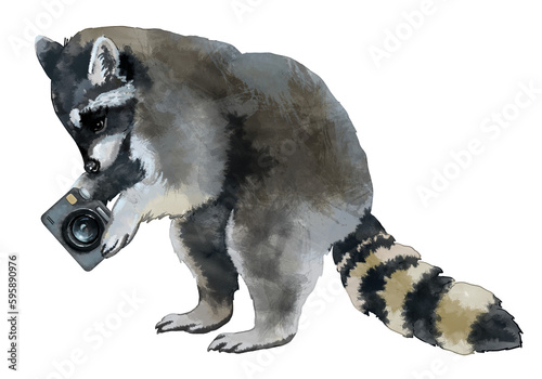 Raccoon on a white background. Funny animals illustration. For printing on clothes, dishes, postcards, posters, website design and more. A raccoon and a camera from the ROCCOON JOURNEY collection.