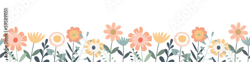 Horizontal seamless border with pastel summer flowers. Isolated on white background. Multicolored garden flowers in row. Banner with floral pattern.