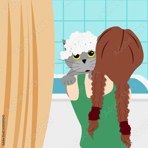Girl holding Cat in Bath. Girl Bathes Cat. Domestic kitty in the woman hands. World Hug Day. Vector illustration. World Day of Homeless Animals concept.