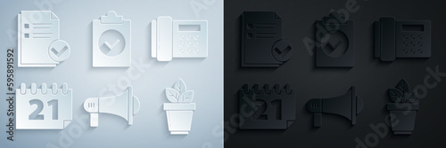 Set Megaphone, Telephone, Calendar, Flowers in pot, Completed task and Document and check mark icon. Vector