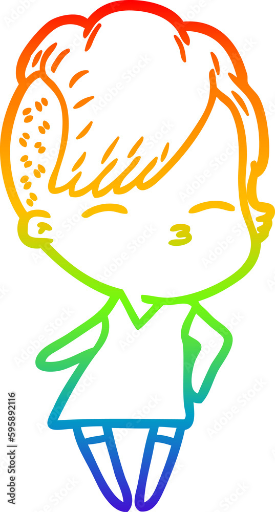 rainbow gradient line drawing of a cartoon squinting girl in dress rainbow gradient line drawing of a cartoon squinting girl in dress