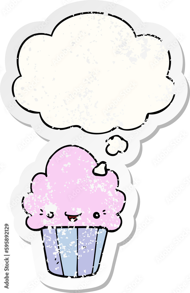 cartoon cupcake with face with thought bubble as a distressed worn sticker cartoon cupcake with face with thought bubble as a distressed worn sticker