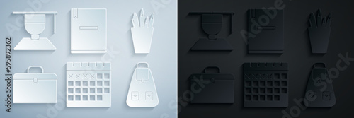 Set Calendar, Pencil case stationery, Briefcase, School backpack, Notebook and Graduate and graduation cap icon. Vector
