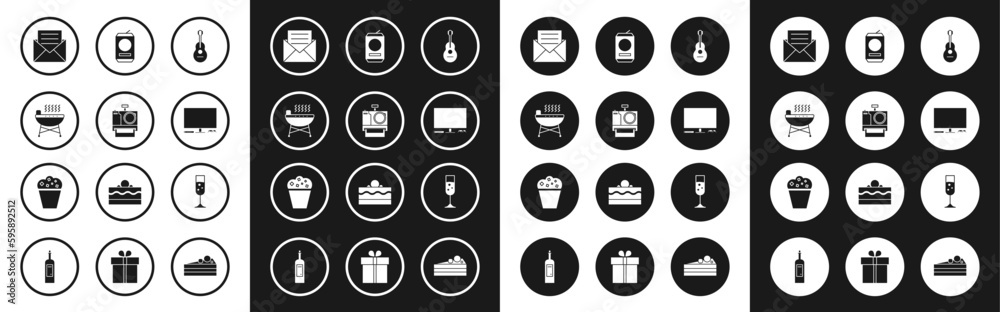Set Guitar, Photo camera, Barbecue grill, Envelope with invitation card, Video game console, Beer can, Glass of champagne and Popcorn cardboard box icon. Vector Set Guitar, Photo camera, Barbecue grill, Envelope with invitation card, Video game console, Beer can, Glass of champagne and Popcorn cardboard box icon. Vector