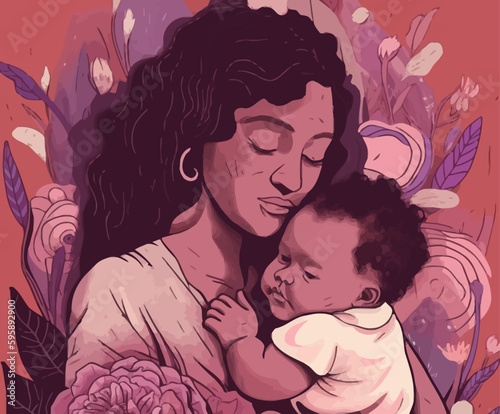 Mother's day colorful illustration vector. A black mother embraces her child with maternal love against a background of flowers.