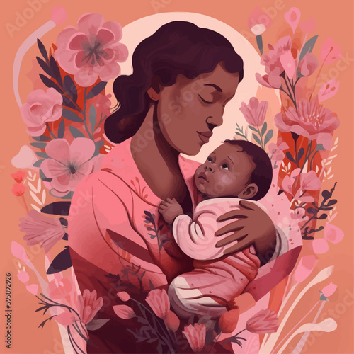 Mother's day colorful illustration vector. A black mother embraces her child with maternal love against a background of flowers.