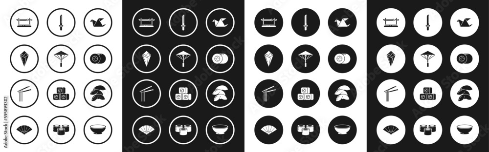 Set Origami bird, Japanese umbrella from the sun, Temaki roll, Traditional katana, Sushi, Chinese fortune cookie and Asian noodles and chopsticks icon. Vector Set Origami bird, Japanese umbrella from the sun, Temaki roll, Traditional katana, Sushi, Chinese fortune cookie and Asian noodles and chopsticks icon. Vector