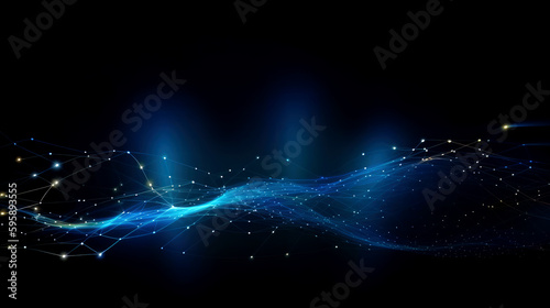 Blue background, digital signature with wave particles, sparkle, veil and space with depth of field. The particles are blue light lines.