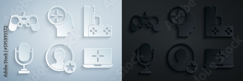 Set Premium create account screen, Game console with joystick, Microphone, Laptop, Head hunting concept and Gamepad icon. Vector