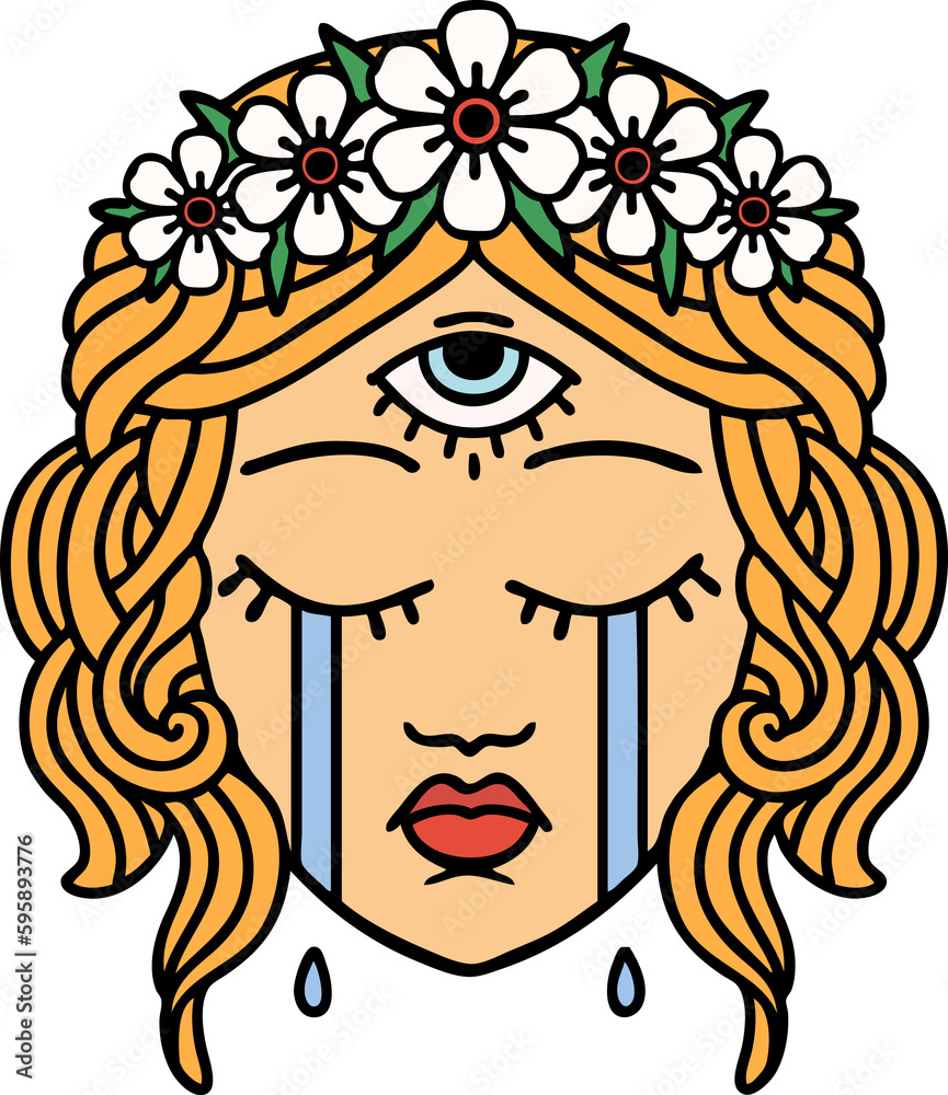 tattoo in traditional style of female face with mystic third eye crying tattoo in traditional style of female face with mystic third eye crying