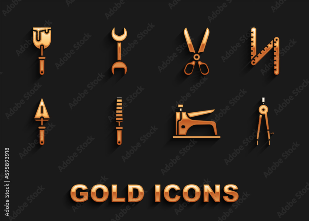 Set Chisel tool for wood, Folding ruler, Drawing compass, Construction stapler, Trowel, Scissors, Putty knife and Wrench spanner icon. Vector Set Chisel tool for wood, Folding ruler, Drawing compass, Construction stapler, Trowel, Scissors, Putty knife and Wrench spanner icon. Vector
