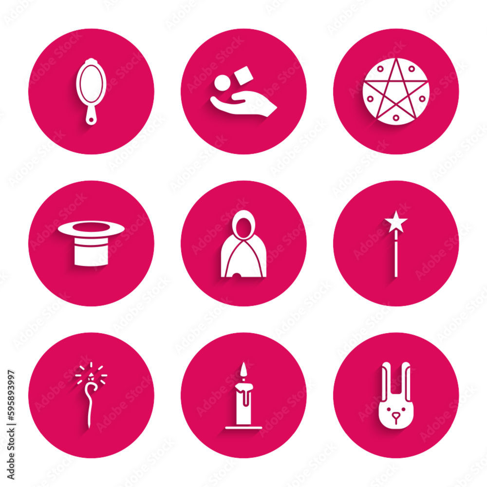 Set Mantle, cloak, cape, Burning candle in candlestick, Rabbit with ears, Magic wand, staff, Magician hat, Pentagram circle and hand mirror icon. Vector Set Mantle, cloak, cape, Burning candle in candlestick, Rabbit with ears, Magic wand, staff, Magician hat, Pentagram circle and hand mirror icon. Vector