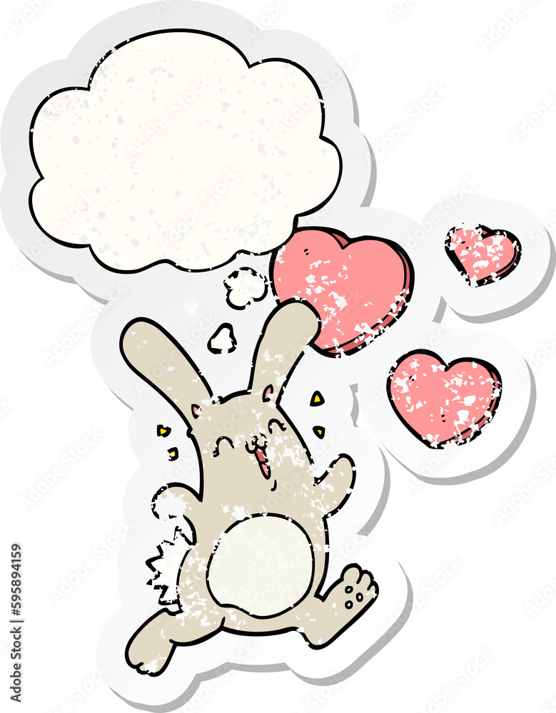 cartoon rabbit in love with thought bubble as a distressed worn sticker