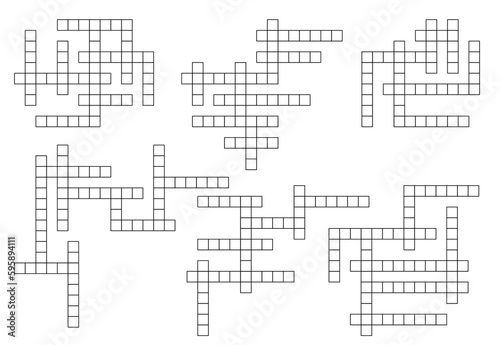 Crossword game grid. Word puzzle quiz vector template with blank white and black square boxes. Find a word game newspaper crosswords, brain teasers, riddles and mind puzzles
