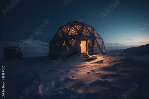 A snow dwelling structure, shaped like a dome. Generative AI photo