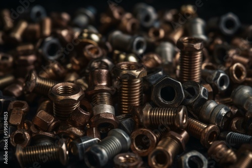 Background of metallic screws and nuts. Generative AI