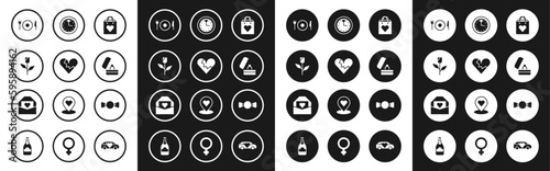 Set Shopping bag with heart, Broken or divorce, Flower rose, Plate, fork and knife, Wedding rings, Clock, Bow tie and Envelope Valentine icon. Vector