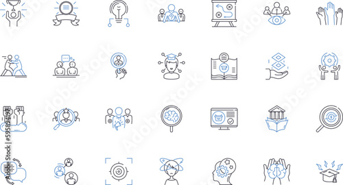 Coordinated investigating line icons collection. collaboration, teamwork, cooperation, partnership, joint, synchronicity, harmony vector and linear illustration. synergy,coherence,unity outline signs