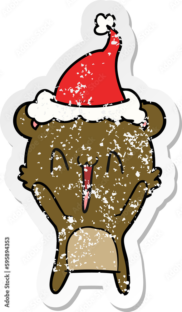 happy bear hand drawn distressed sticker cartoon of a wearing santa hat happy bear hand drawn distressed sticker cartoon of a wearing santa hat