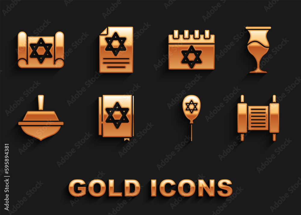 Set Jewish torah book, goblet, Torah scroll, Balloon with star of david, Hanukkah dreidel, calendar, and icon. Vector Set Jewish torah book, goblet, Torah scroll, Balloon with star of david, Hanukkah dreidel, calendar, and icon. Vector