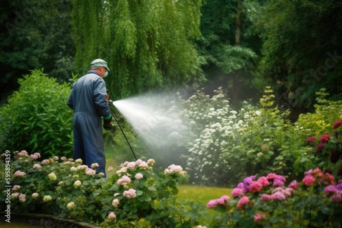 person watering flowers in garden, ai generative