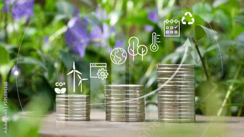 Investments concept.The emblems of the cyclic economy On green backdrop,. Recycling, the environment, reusing, manufacturing, waste, consumers, resources all part of circular economy idea. Environment