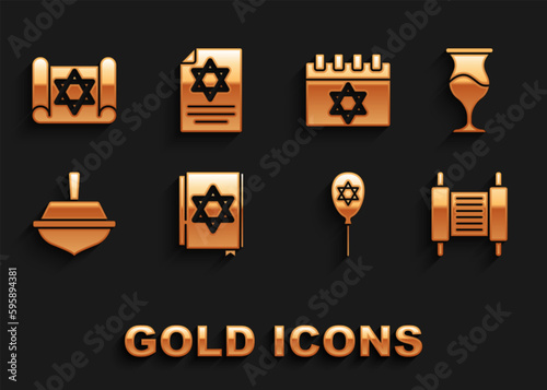 Set Jewish torah book, goblet, Torah scroll, Balloon with star of david, Hanukkah dreidel, calendar, and icon. Vector