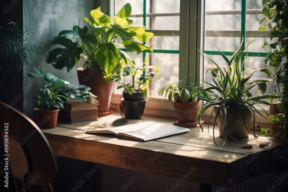 Wooden desk with plants and a window is a perfect background for a home office. Generative AI