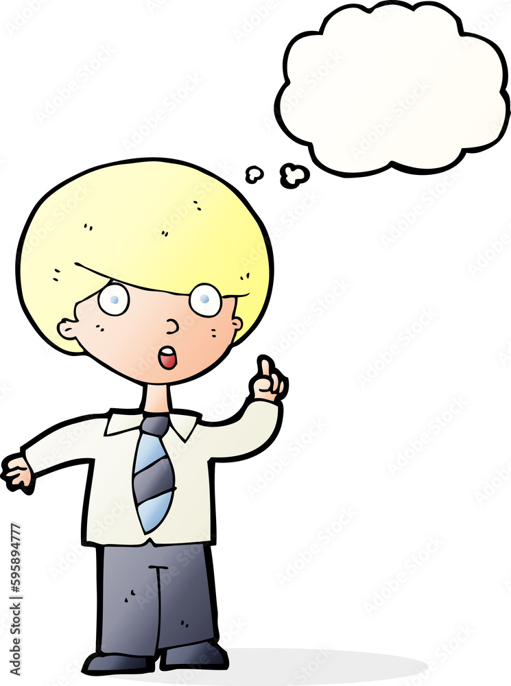 cartoon school boy answering question with thought bubble