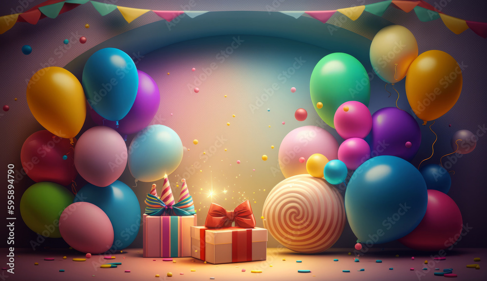 Happy Birthday Background with Balloons. Illustration AI Generative