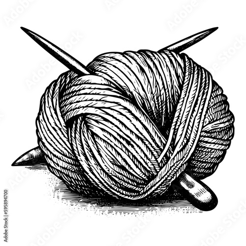 yarn with knitting needles sketch. Knitting illustration