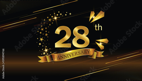 28th anniversary logo with golden ring, confetti and Gold ribbon isolated on elegant black background, sparkle, vector design for greeting card and invitation card
