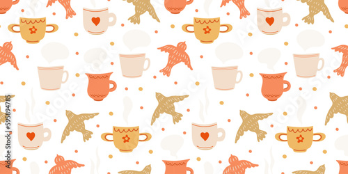 Vector seamless pattern with flying birds and mugs on white background. Great for linens, wallpapers, covers.
