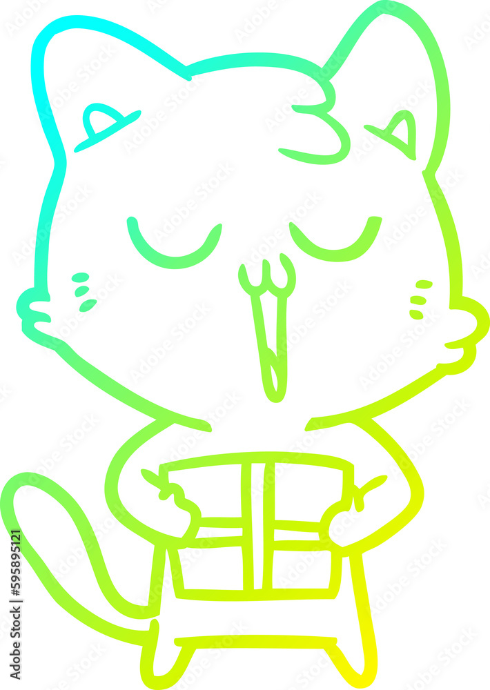 cold gradient line drawing of a cartoon cat with present cold gradient line drawing of a cartoon cat with present