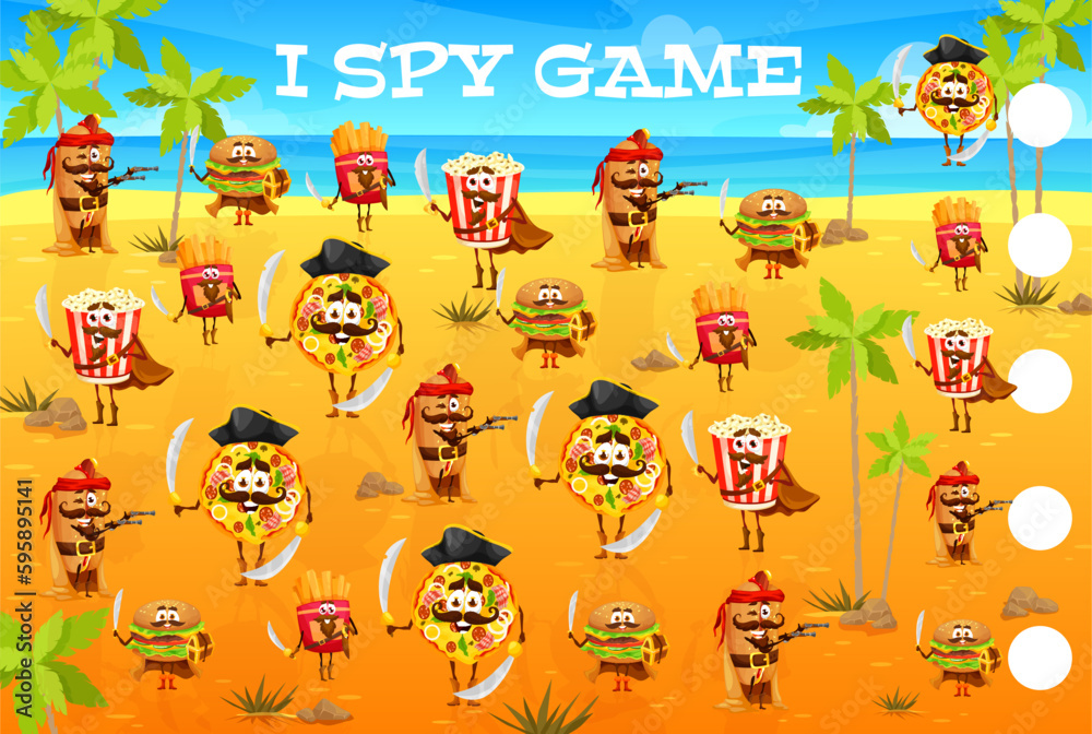 I spy game cartoon captain and pirates fastfood characters on treasure island. Kids vector math maze riddle count how many pizza, french fries, pop corn, hot dog and burger corsair personages test I spy game cartoon captain and pirates fastfood characters on treasure island. Kids vector math maze riddle count how many pizza, french fries, pop corn, hot dog and burger corsair personages test