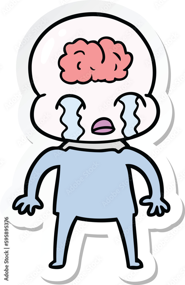 sticker of a cartoon big brain alien crying