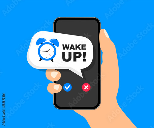 Alarm clock app on a mobile phone. Smart phone alarm clock. Wake up time setting. Alarm clock reminder on phone. Notice to wake up. Vector illustration.