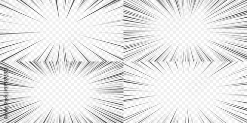 Manga transparent background, comic explosion and speed radial lines, cartoon vector effect. Magna background for anime comic book action, radial lines pattern frame for superhero fight motion blast