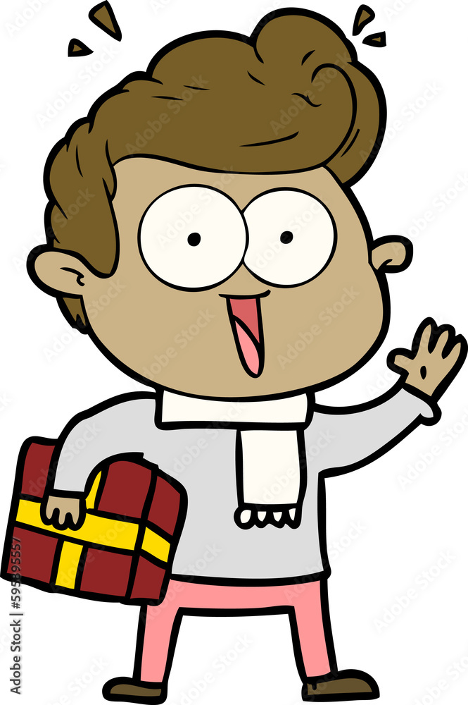 cartoon excited man with present