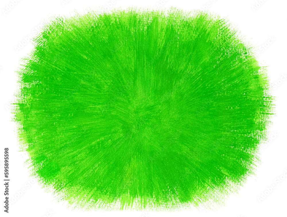 Artistic bright green painting background with place for text. Green oval blot of paint drawn in thin fluffy brushstrokes. Abstract spring green grass concept.