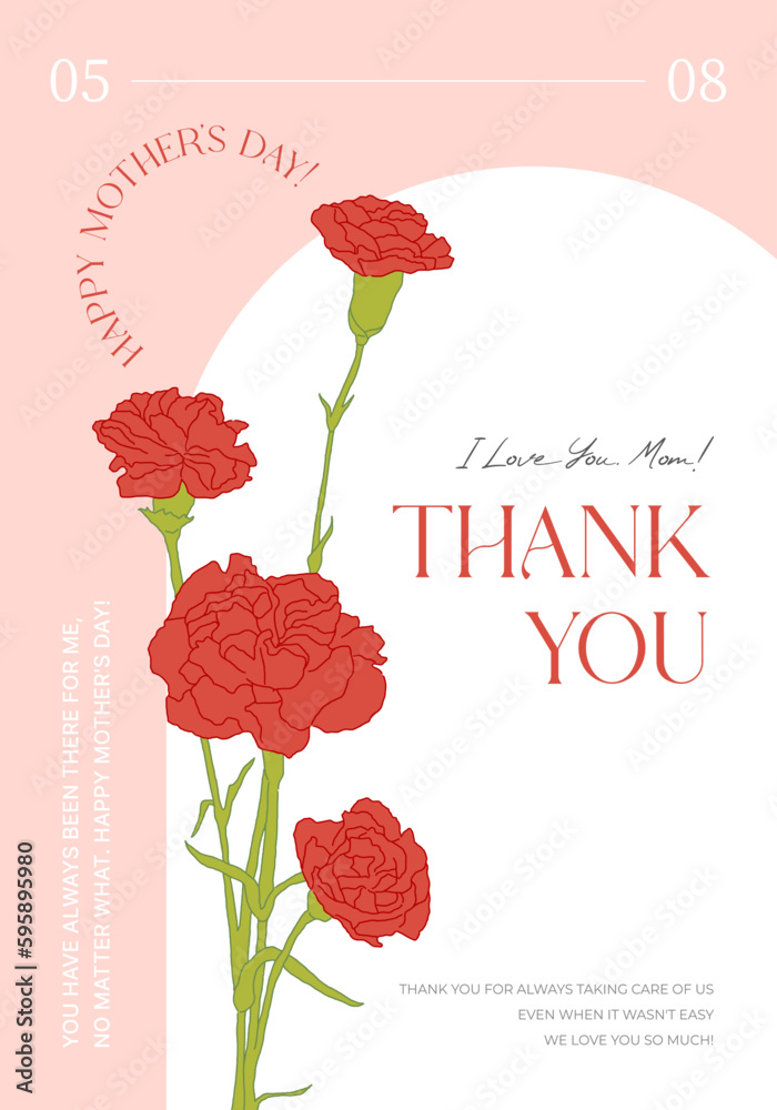 Card template with Red carnation flower illustration design for 'Mother ...
