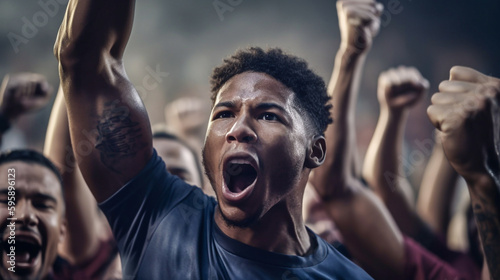 Soccer fans cheer and celebrate their team's victory in the stands - ai generative