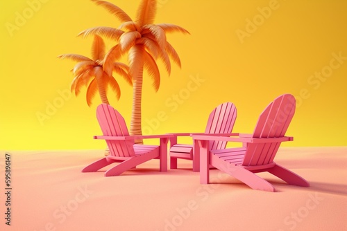 3D illustration of a pink palm tree and beach chairs on a yellow background  representing the concept of summer travel. Generative AI