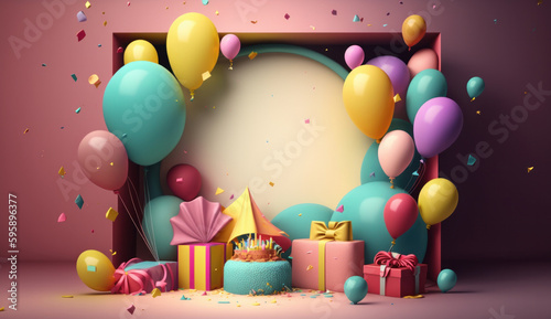 Happy Birthday Background with Balloons. Illustration AI Generative.